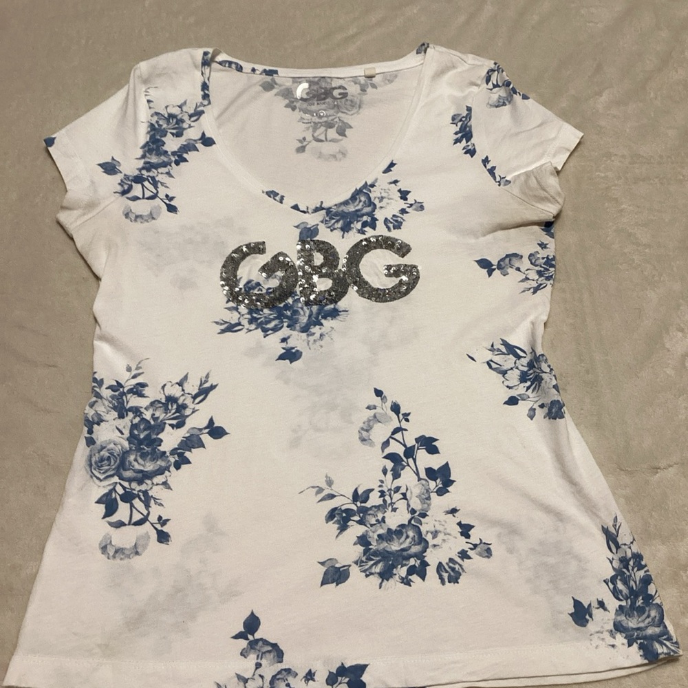 GBG Los Angeles White Tee with Blue Floral Print and Sequin Logo